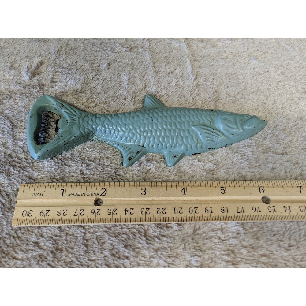 Vtg Style Painted Cast Iron Fish Bottle Opener Blue Aqua Nautical Bar Tool
